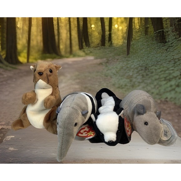 Ty Beanie Babies 4 Woodsy Animals Tank - Stinky - Ants - Nuts  NWT - Picture 1 of 2